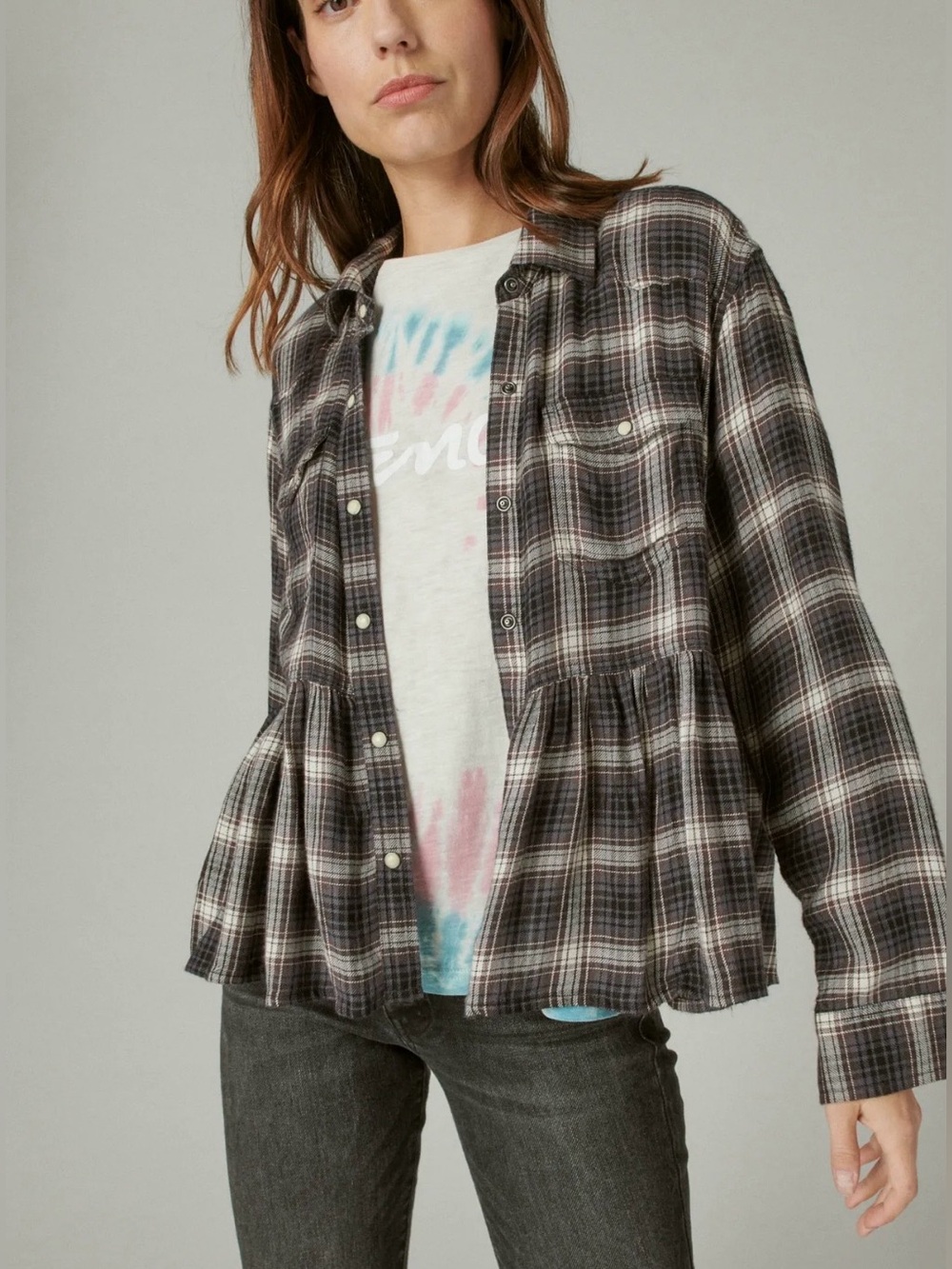 Lucky Brand Plaid Western Babydoll Shirt